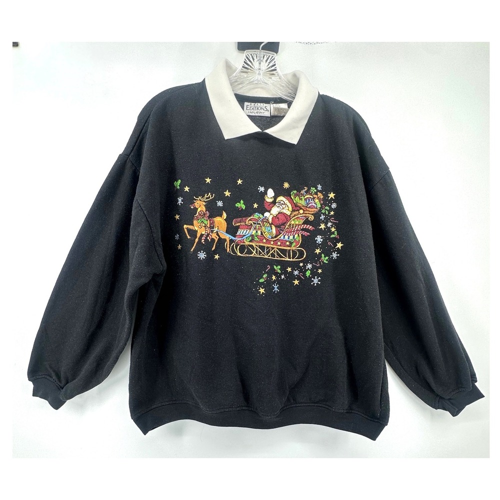 VTG Basic Editions Holiday Santa Sleigh Reindeer Sweatshirt Black Collared Large